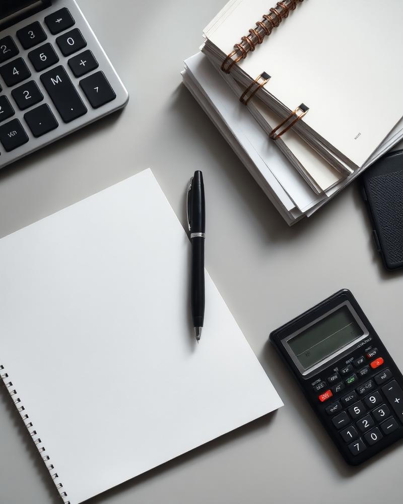 An organized support desk with a notebook, pen and calculator